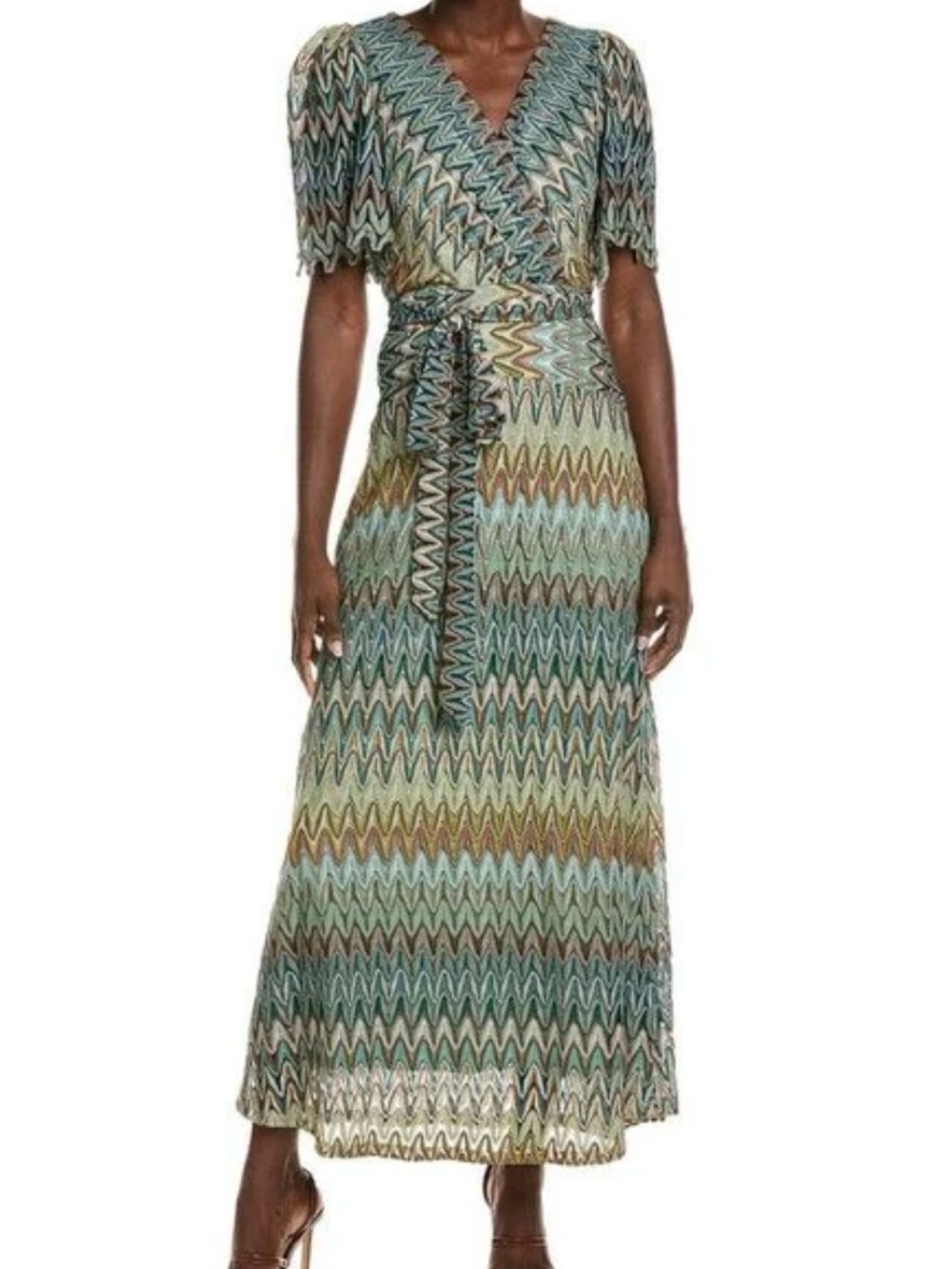 Maison Tara Wide Green Wave Print Maxi Dress